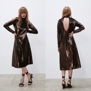NWT Zara Sequin High Neck Open Back Metallic Midi Dress Size M